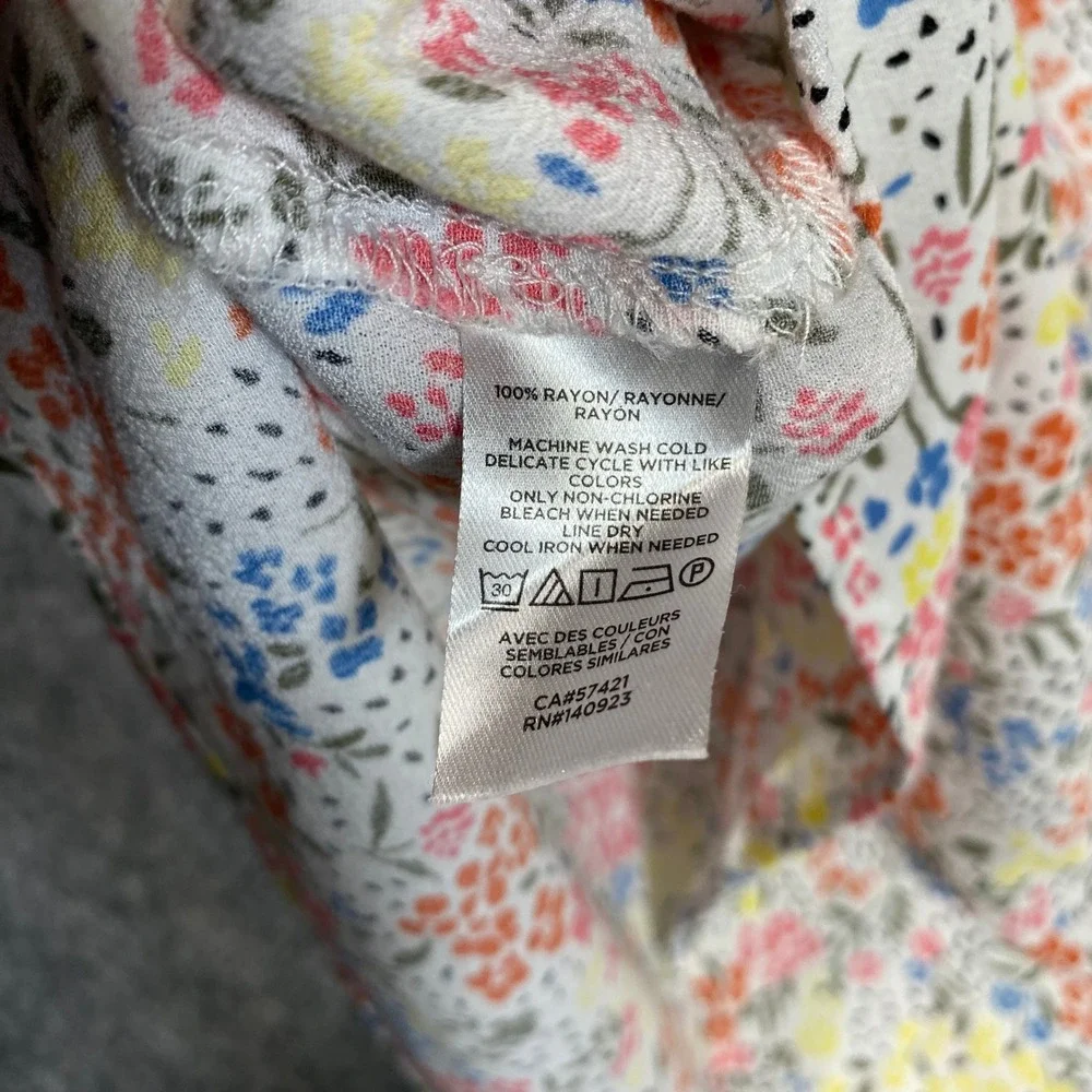 LOFT Womens Floral V-Neck Puff Sleeve Blouse White Multi Color Rayon Top Large